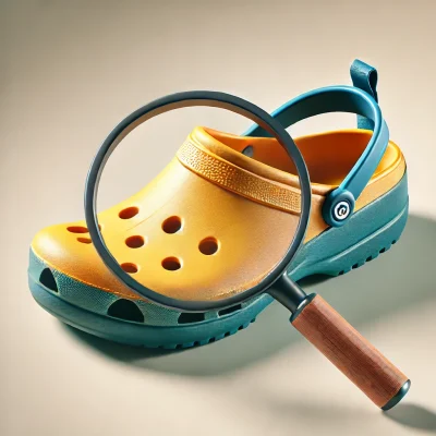 DALL·E 2024-09-16 20.20.14 - An image representing the search for the ideal clog, featuring a rubber clog in a vibrant color, placed next to a magnifying glass. The clog should be