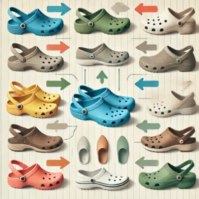 DALL·E 2024-09-16 20.24.59 - An image illustrating how to choose the ideal clog, featuring different types of rubber clogs in various colors and styles, with arrows or labels poin