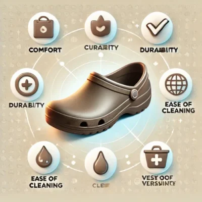 DALL·E 2024-09-16 20.32.11 - An image illustrating the benefits of wearing rubber clogs, featuring a comfortable rubber clog with icons or symbols representing comfort, durability